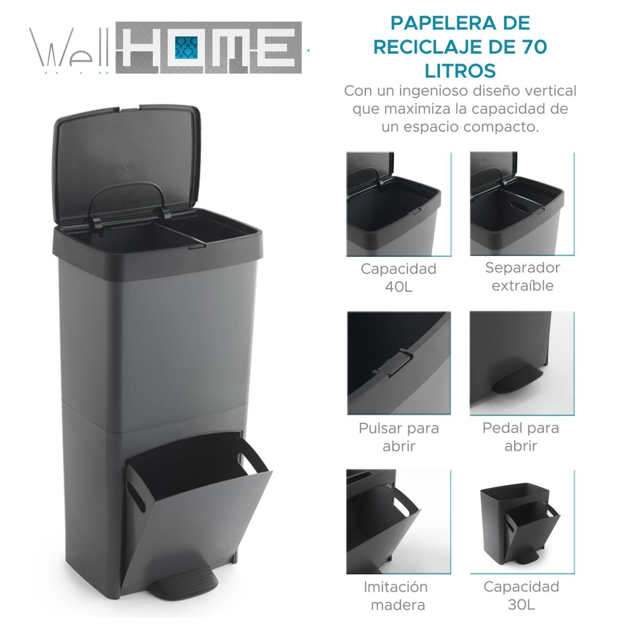 Cubo de Basura Vertical 70L con 2 Compartimentos - Gestión de Residuos Fácil y Compacta