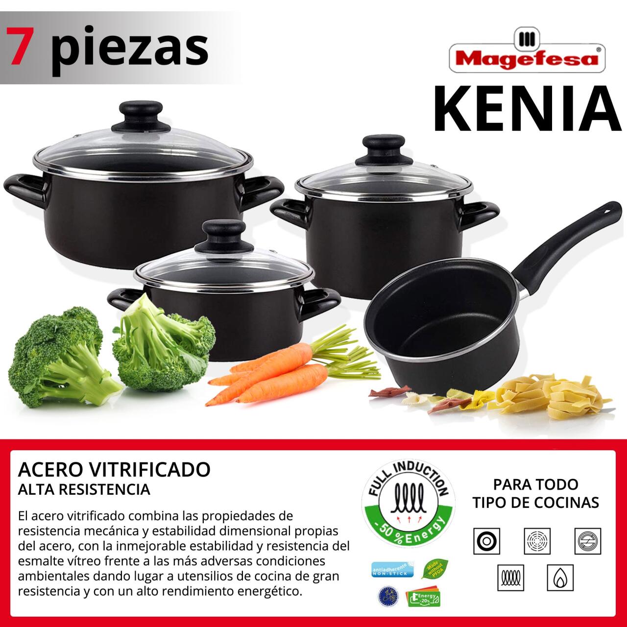 Batería de Cocina Magefesa Kenia Negra – 7 Piezas de Acero Vitrificado, Antiadherente Bicapa, Apta para Todo Tipo de Cocinas