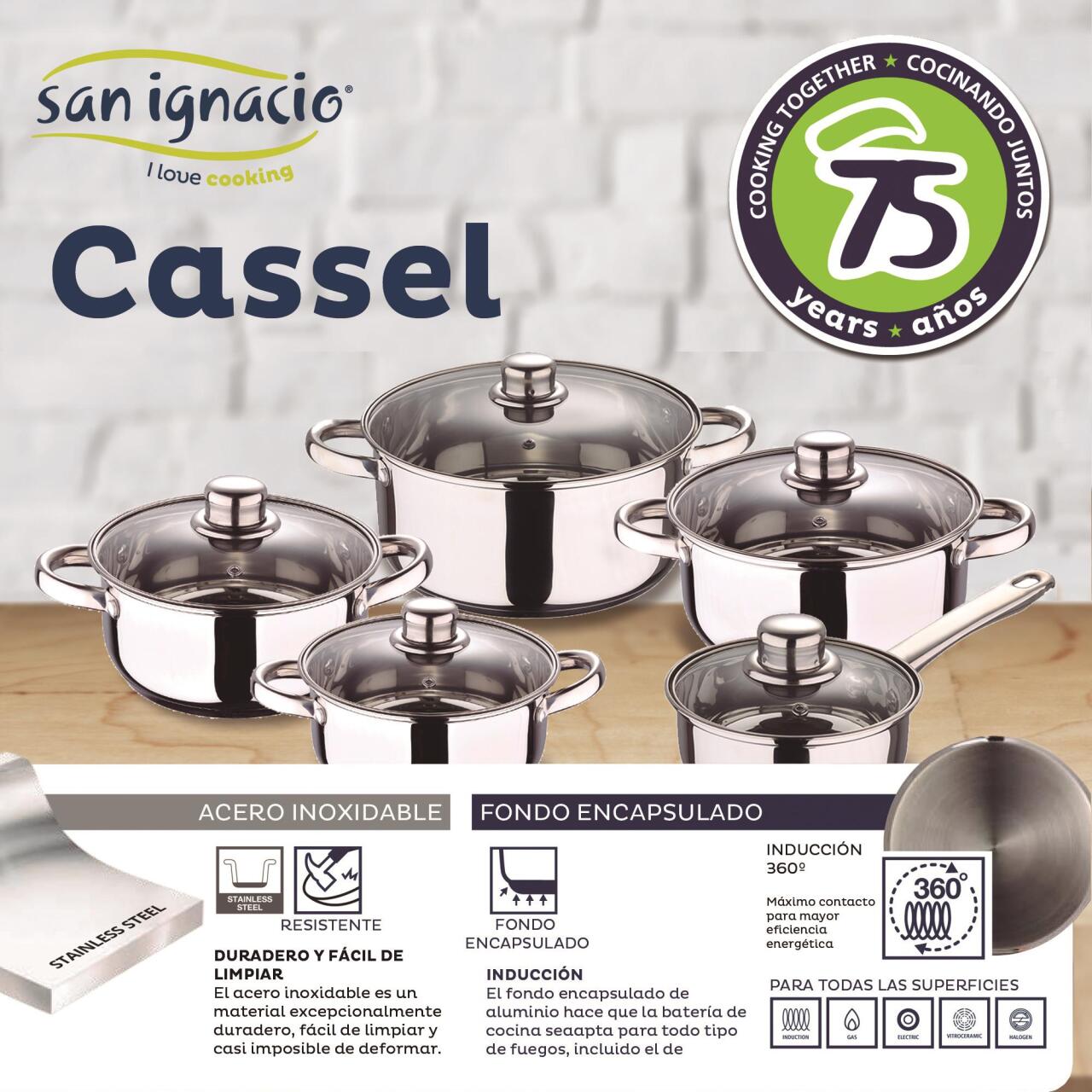 Batería de Cocina 5/7/12 Piezas Cassel San Ignacio acero inoxidable