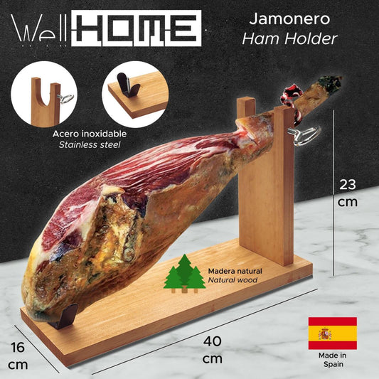 Well Home Jamonero en madera de pino 40x16x23cm, con herraje en V con pincho y fijación pezuña con tornillo acero